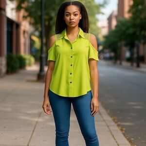 Bongo Ladies Blouse Cold Shoulder Size Large Green Studded  Semi-Sheer